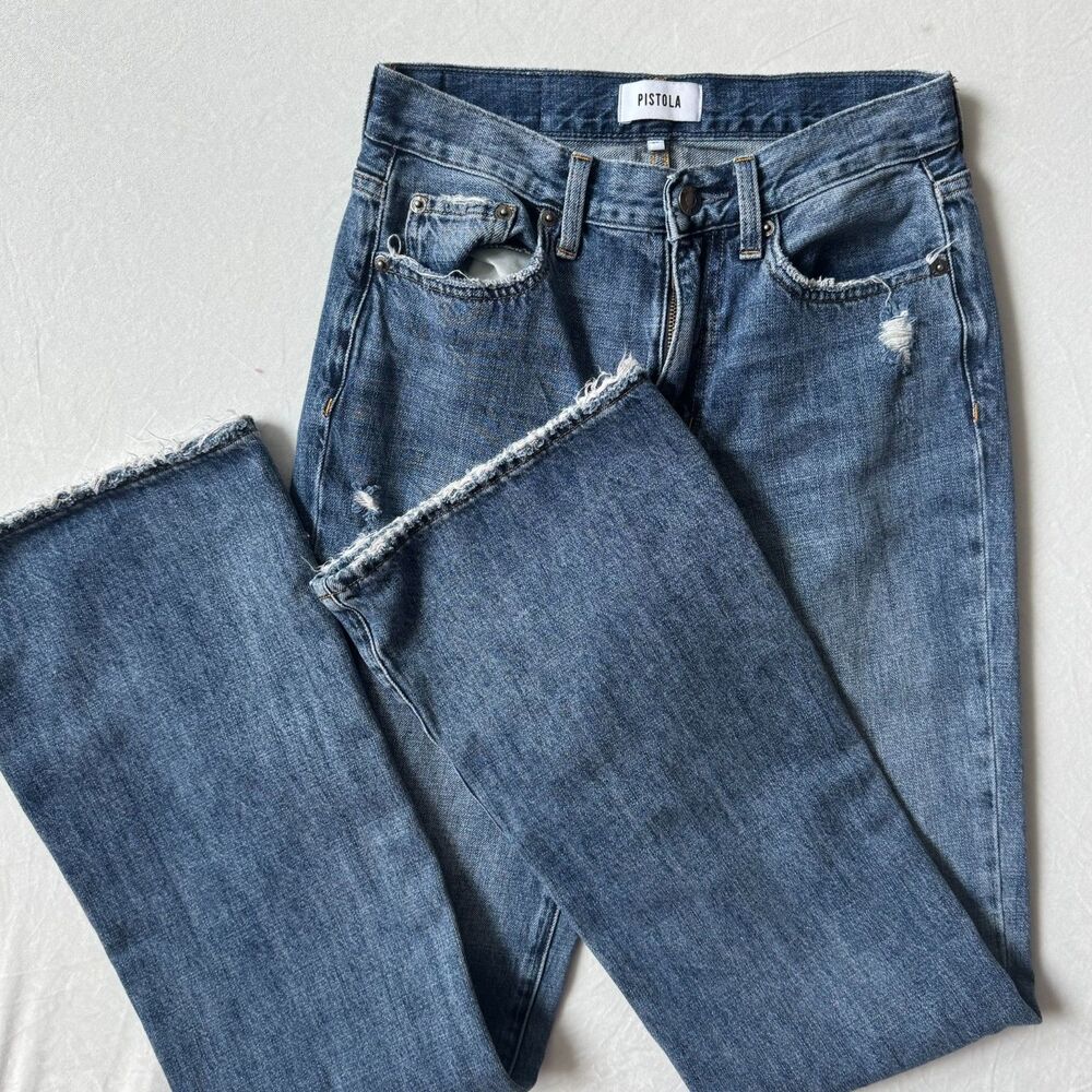 Pistola Jeans Women’s Size 25 Distressed Straight Leg Raw Hem Blue Denim